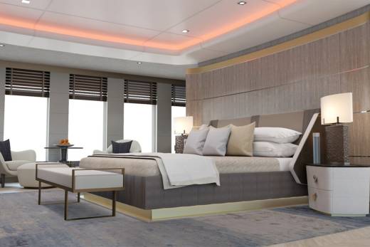 Luxurious bedroom with a king-sized bed, elegant seating, and ambient lighting creates a serene retreat.