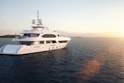A luxurious white yacht glides across calm waters under a golden sunset.