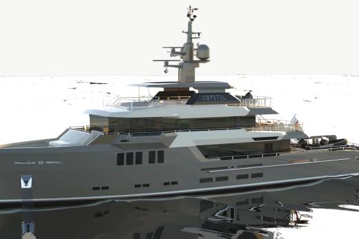 The sleek, modern yacht Crystal glides through calm waters under a bright, overcast sky.