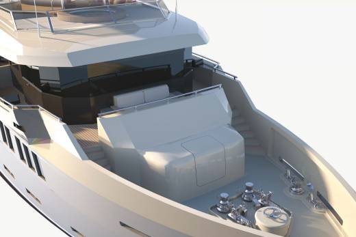 This modern yacht features a sleek design with multiple levels, including a spacious deck with seating and a hot tub.