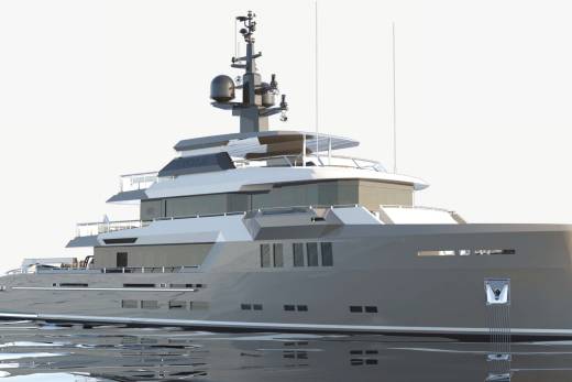 A sleek, modern superyacht named "Crystal" glides gracefully across calm, reflective waters.