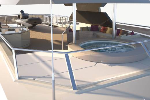 Relax in the onboard jacuzzi surrounded by plush seating and a stunning view from this luxurious yacht.