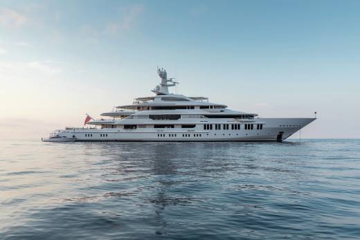 A majestic white superyacht glides serenely across calm, rippling waters under a soft, pastel sky.