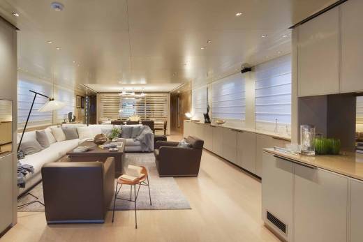 Luxurious yacht interiors offer a serene and stylish retreat with plush seating and elegant design elements.