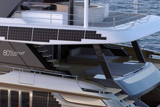 This sleek yacht boasts an integrated solar panel system, showcasing a sustainable approach to luxury seafaring.