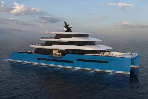 A sleek, multi-level catamaran yacht with a vibrant blue hull glides through calm, dark waters under a cloudy sky.