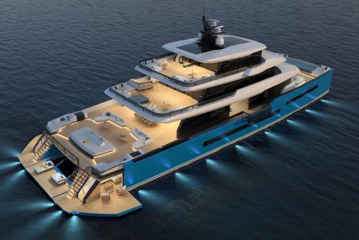 A luxurious blue and white yacht glides through dark water, illuminated by underwater lights.