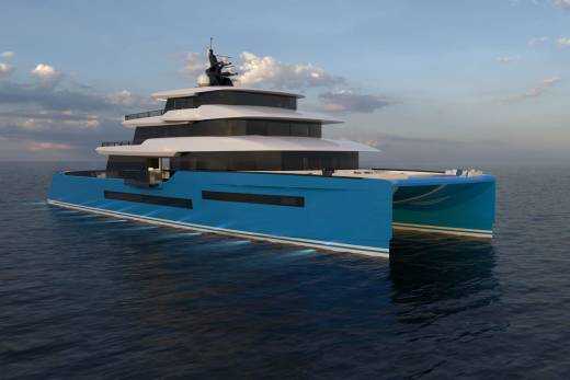 A striking blue catamaran yacht with multiple levels and underwater lights glides across calm, dark blue waters under a cloudy sky.