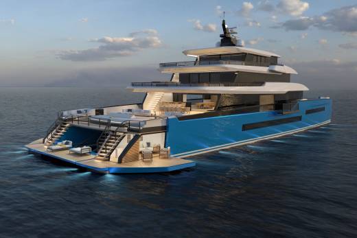 This luxurious blue yacht boasts multiple levels of open-air decks and a stunning infinity pool.
