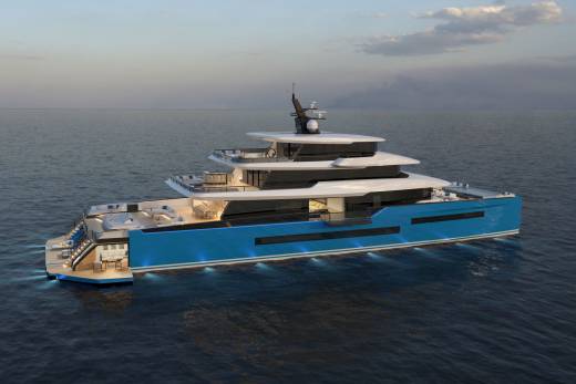This luxurious blue yacht, illuminated by underwater lights, offers ample deck space for relaxation and entertainment on the open sea.