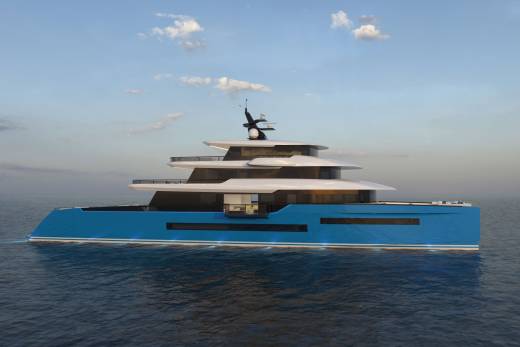 A sleek, modern blue yacht glides across calm waters under a partly cloudy sky.