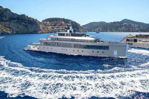 A large, luxurious cruise ship is sailing through the calm, blue waters, surrounded by rugged mountains and a picturesque coastal town in the background.