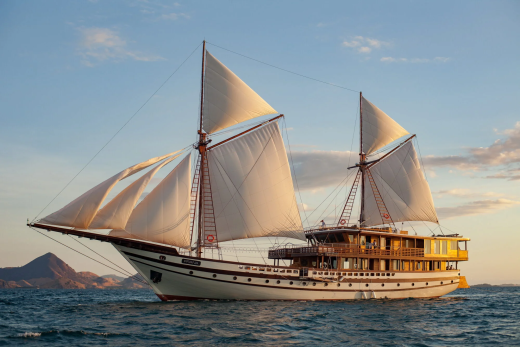 A majestic schooner glides across the shimmering sea under a vast, cloud-dappled sky.