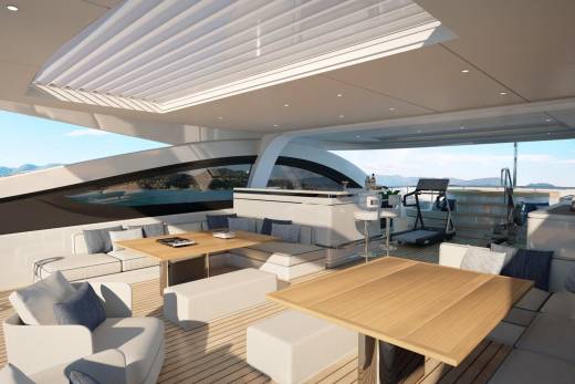 Relax on the spacious deck of this luxury yacht, complete with comfortable seating, dining areas, and a personal fitness zone.