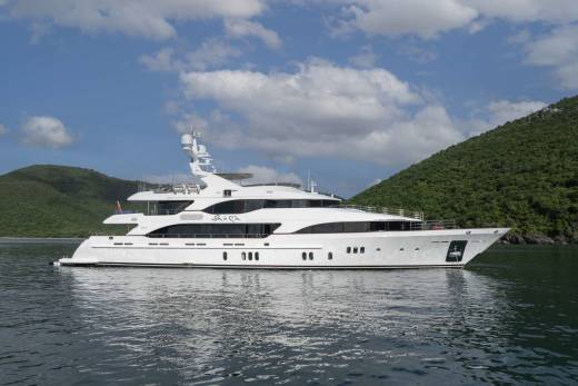 A luxurious white yacht glides through calm waters with lush green hills in the background under a cloudy blue sky.
