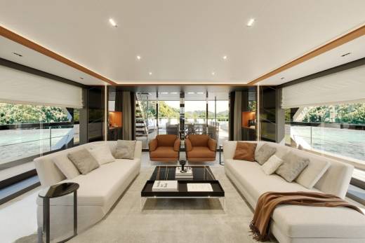 Luxurious yacht interiors offer a serene retreat with panoramic views of lush green landscapes and tranquil waters.