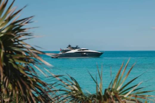 A sleek, modern yacht glides through the turquoise waters of a tropical sea, framed by lush palm fronds.