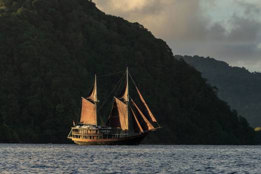 A traditional wooden sailing ship with reddish-brown sails glides across calm blue water in front of a lush, dark green, tree-covered mountain.