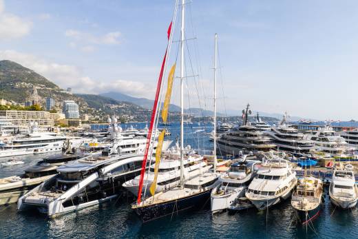 Numerous luxury yachts and sailboats are docked in a harbor against a backdrop of coastal mountains and city buildings under a clear blue sky.
