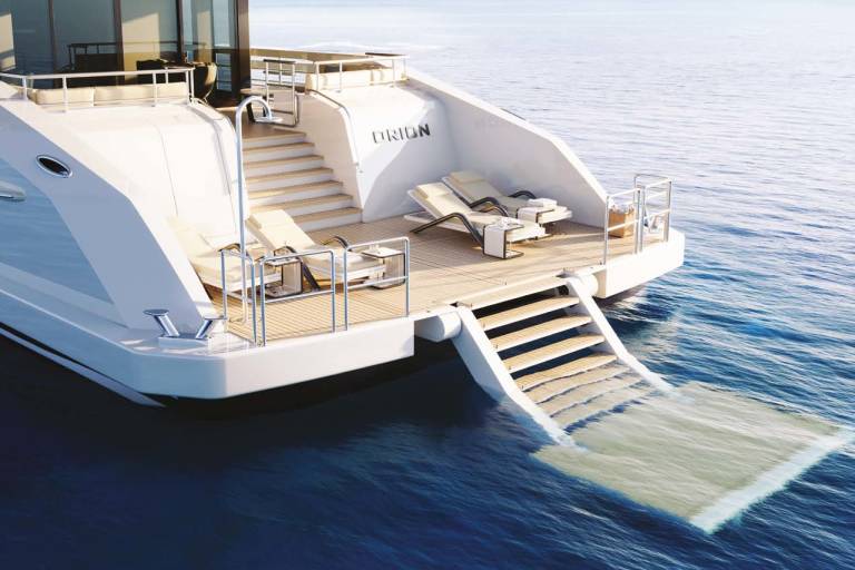 A luxurious yacht offers a refreshing descent into the clear blue ocean via its elegant swim platform.