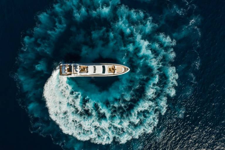 A luxurious yacht carves a powerful wake through the deep blue ocean.