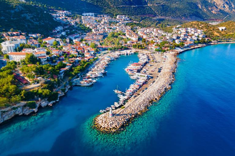 A picturesque harbor filled with boats is nestled against a hillside town, with the deep blue sea stretching out to the horizon.