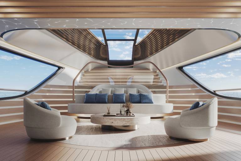 Two plush white armchairs and a round coffee table sit in the foreground of a futuristic lounge, with a large sofa and a skylight opening to a blue sky in the background.