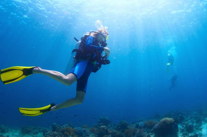Sunlight streams through the clear blue water as a scuba diver explores a vibrant coral reef teeming with life.