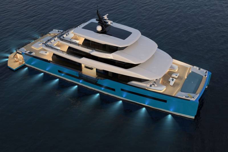 This luxurious yacht boasts multiple decks, a swimming pool, and underwater lights for an elegant nighttime ambiance.