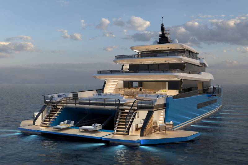 This luxurious yacht features multiple decks, open-air seating, and underwater lights, perfect for a sophisticated sea voyage.