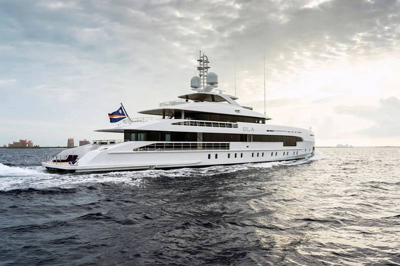 The luxurious superyacht ELA cruises through the ocean with a backdrop of cloudy skies and distant buildings.