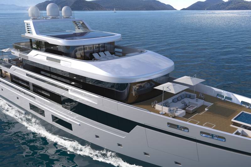 A sleek, modern superyacht glides through calm blue waters with luxurious deck amenities and distant, verdant islands.