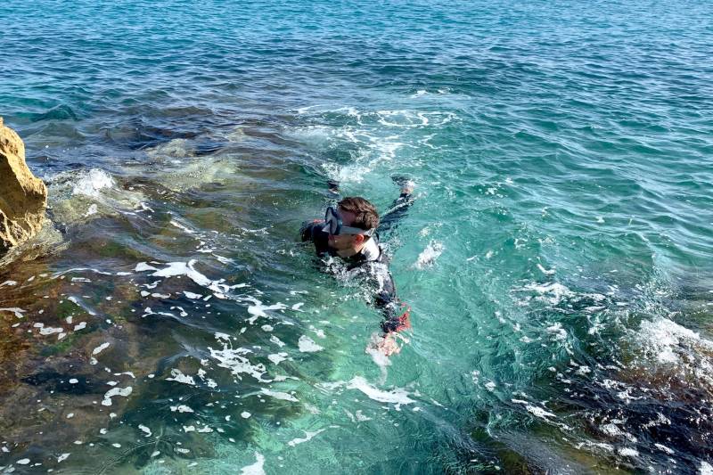 A snorkeler navigates the clear turquoise waters near a rocky shore, enjoying the vibrant marine environment.
