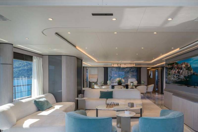 Luxurious yacht interiors offer breathtaking ocean views and elegant seating areas for ultimate relaxation.