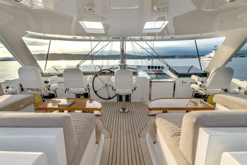 The helm of a luxurious yacht offers commanding views of the serene sea and distant coastline at sunset.