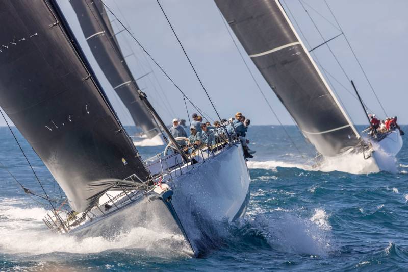 Sailboats race across choppy blue waters, their dark sails billowing in the wind.