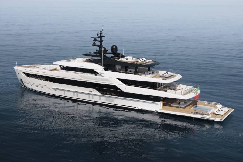 A luxurious superyacht glides through calm blue waters, featuring multiple decks, a swimming pool, and sun loungers.