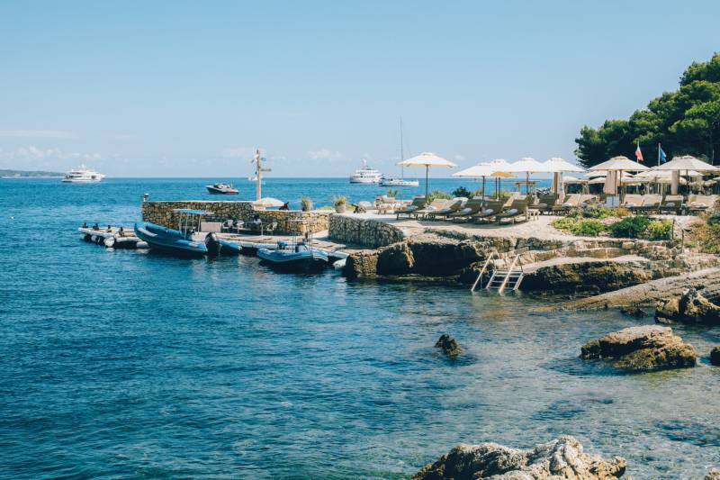 Relax on the sun-drenched deck beside a tranquil pool, surrounded by lush greenery and towering pine trees.