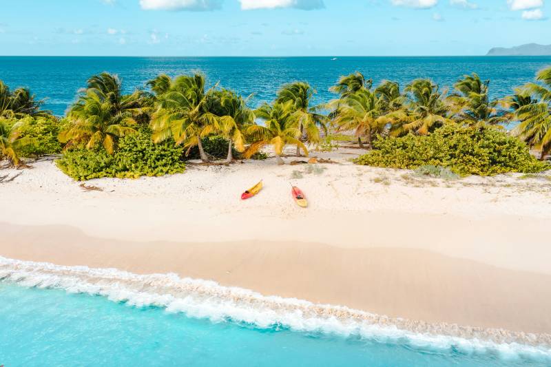Two kayaks rest on a white sandy beach dotted with palm trees, with the turquoise ocean stretching to the horizon under a blue sky.