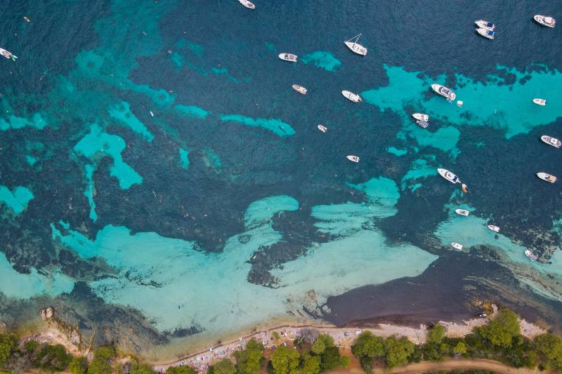 Numerous sailboats dot the vibrant turquoise and deep blue waters of the sea, with a sandy shoreline lined by lush green trees in the foreground.