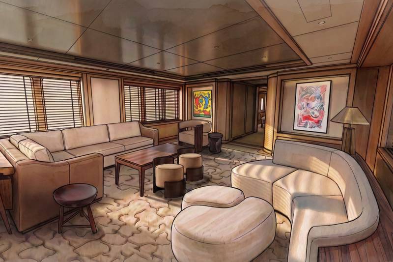 A plush, modern living area with comfortable seating and artwork is visible in the foreground, while a hallway leading to other parts of the yacht stretches into the background.