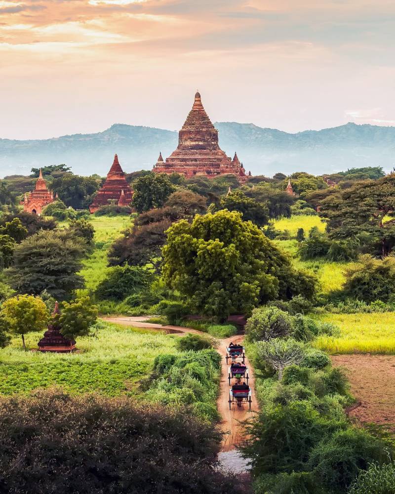 Horse-drawn carriages traverse a dusty path through ancient temples and lush greenery under a soft, cloudy sky.