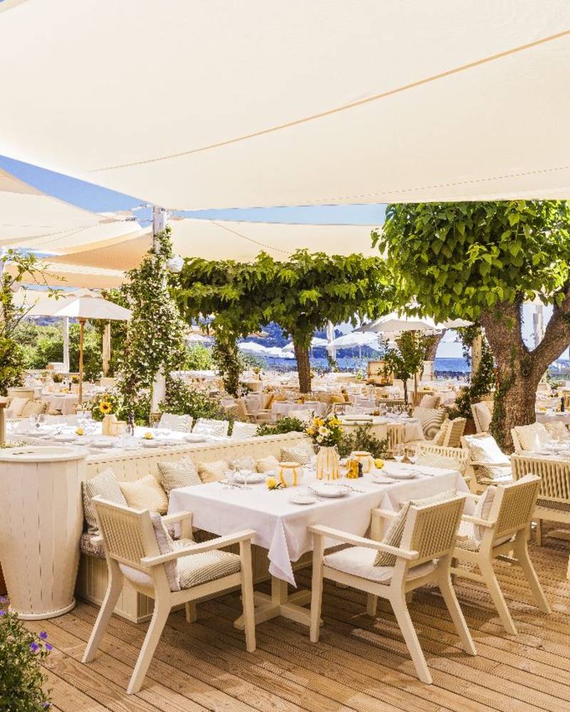 Elegant outdoor dining tables are set with white linens and rattan chairs under a shaded canopy in a lush garden setting.