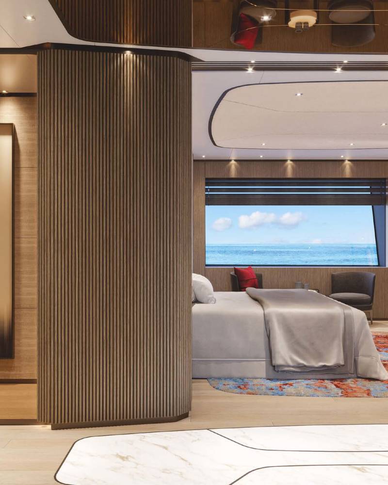 Luxurious yacht interiors offer breathtaking ocean views from plush bedrooms and elegant living spaces.