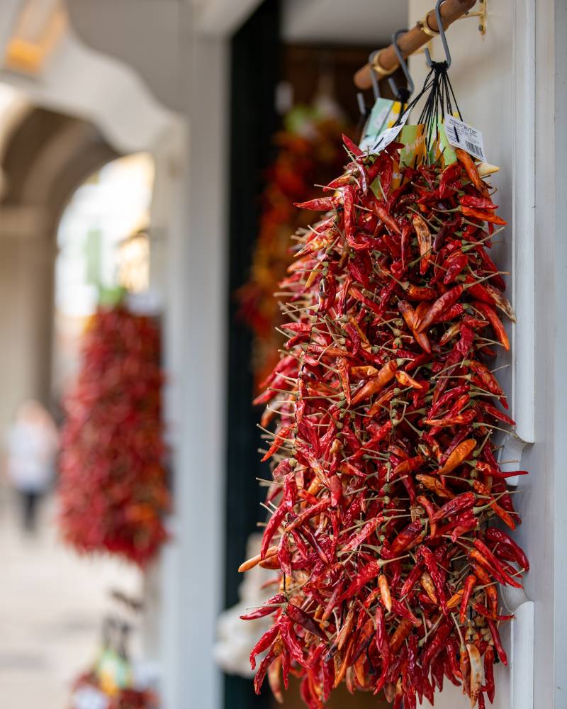 A bundle of vibrant red chili peppers hangs in the foreground, while a blurred interior space can be seen in the background.