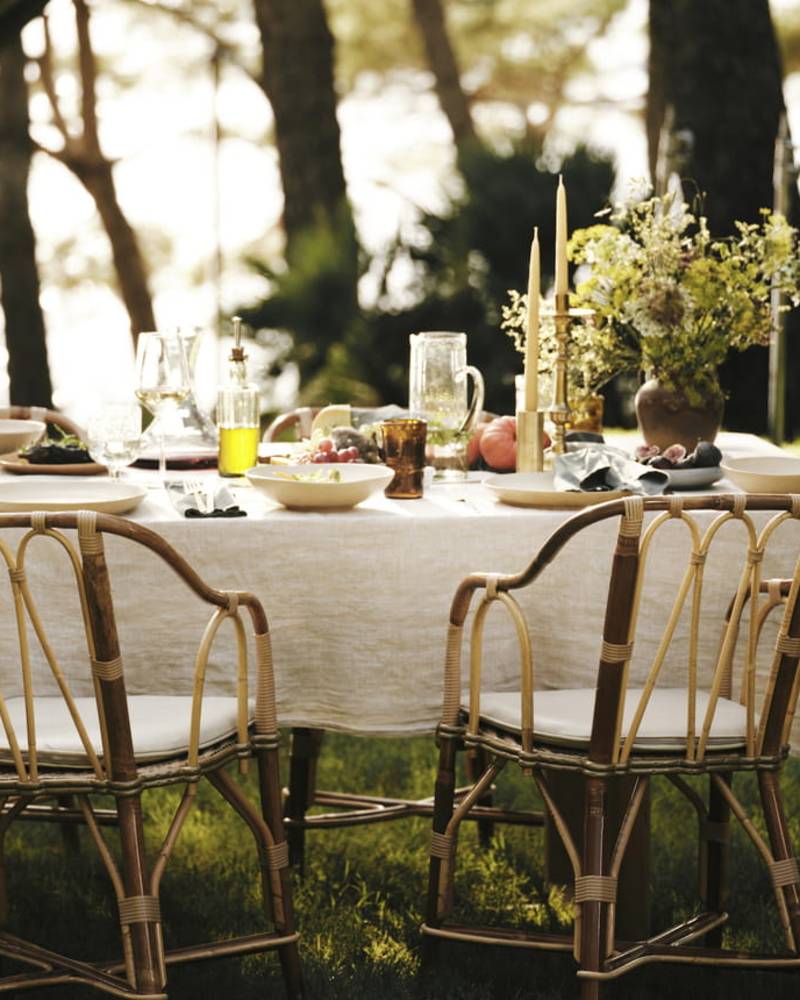 A rustic outdoor dining setup with a white tablecloth, various dishes and glassware, surrounded by lush greenery and trees in the background.