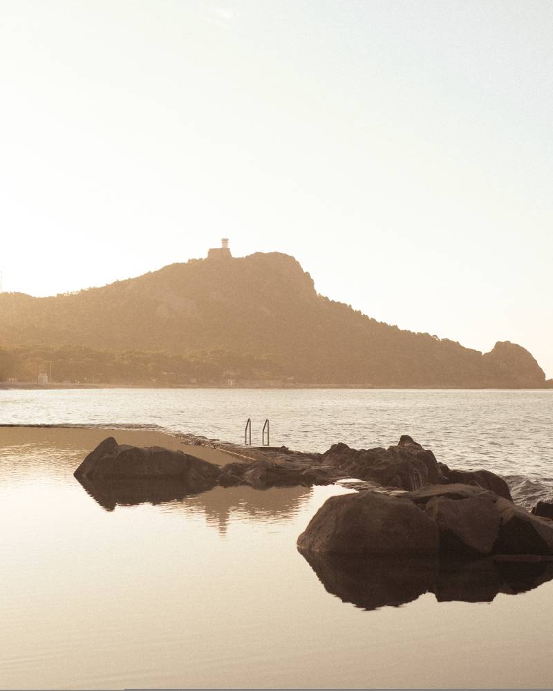 Enjoy a delightful seaside picnic with sandwiches, salad, bread, and a refreshing drink by the sparkling blue ocean.