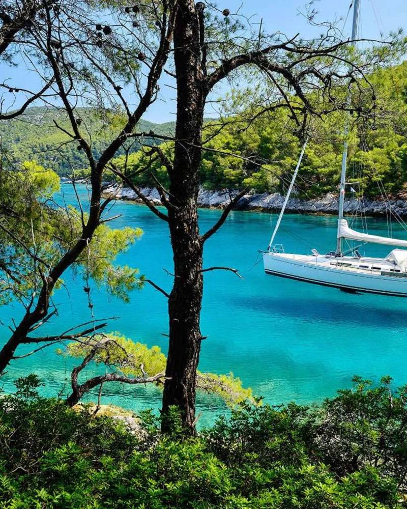 A white sailboat floats on turquoise water in a cove, framed by lush green trees and foliage.