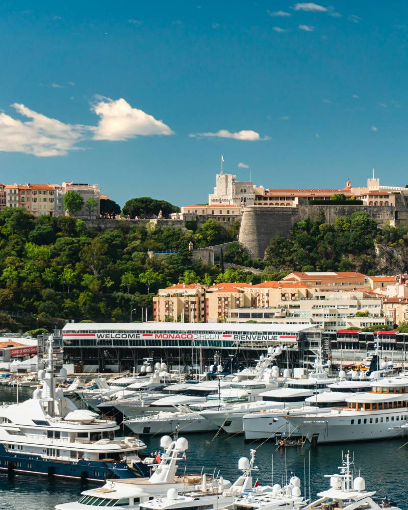 Luxurious yachts fill a harbor in the foreground, with a picturesque city and a grand palace perched on a hill in the background under a bright blue sky.