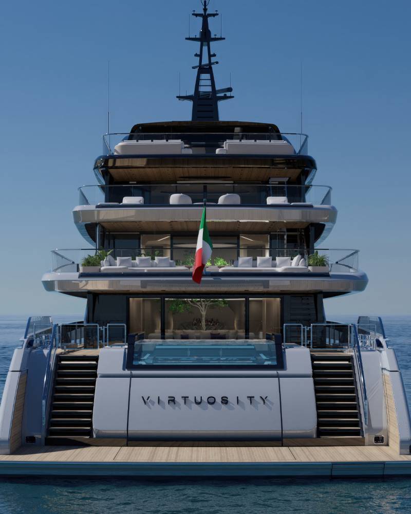 A luxurious yacht named "Virtuosity" with a swimming pool on its stern floats on a calm, blue sea under a clear sky.